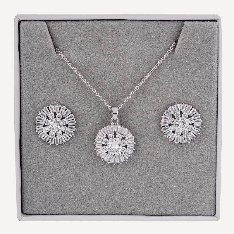 Flower Boxed Cubic Zirconia Necklace & Earring Jewellery Set In Silver-Tone