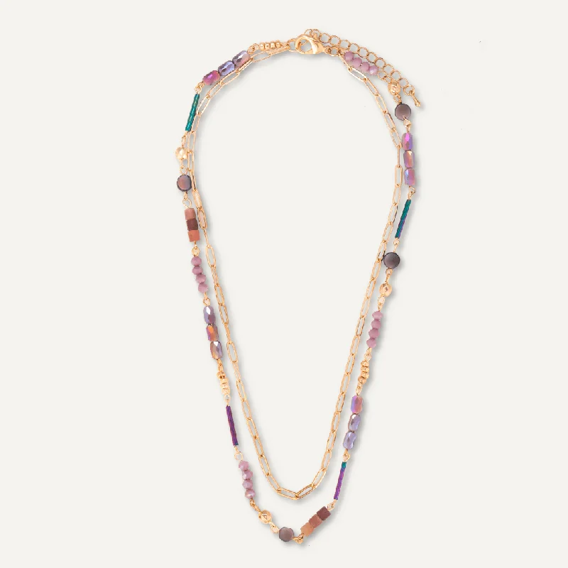 Purple Semi-Precious Stone Short Multi-Row Necklace In Gold-Tone