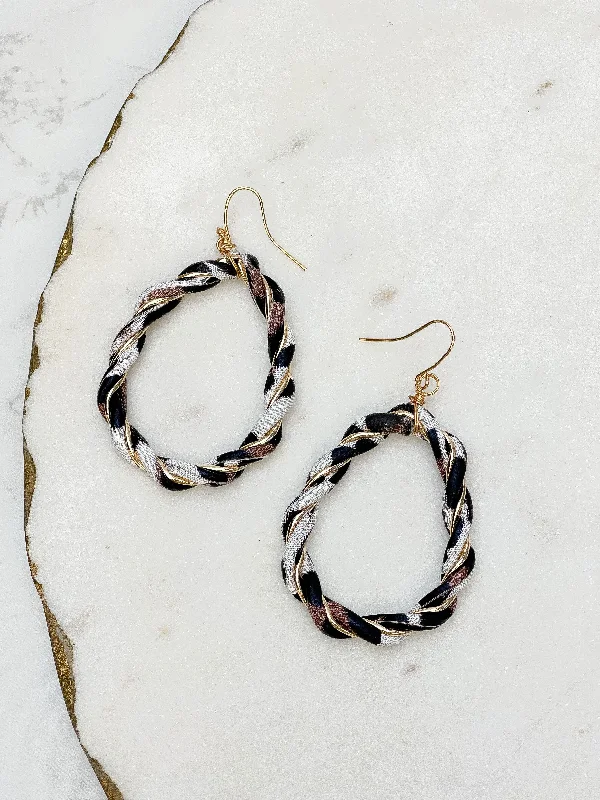 Black & White Marbled Gold Dangle Hoop Earrings