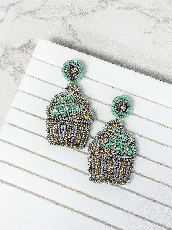 Glitzy Cupcake Beaded Dangle Earrings - Mint