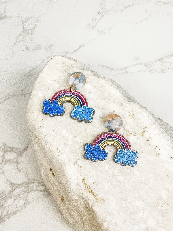 Rainbow & Clouds Acrylic Dangle Earrings - Blue