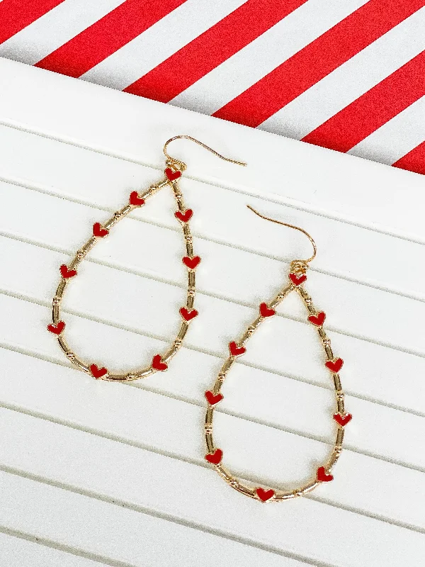 Heart-Studded Teardrop Dangle Earrings - Red