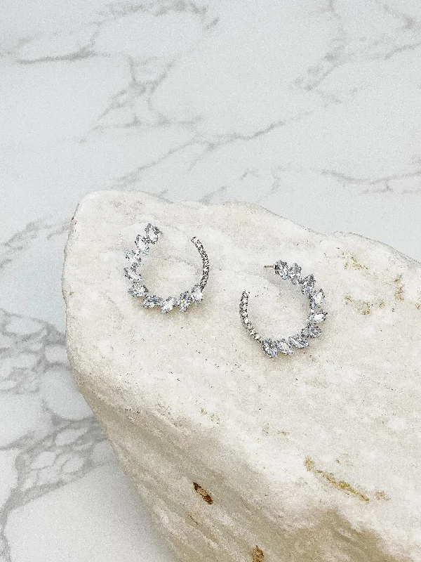 Glitzy Cubic Zirconia Hoop Earrings - Silver