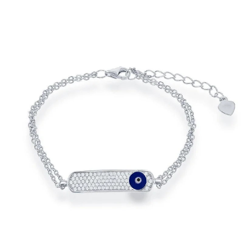 Sterling Silver Double Strand with Navy Evil Eye ID Bracelet, 6"