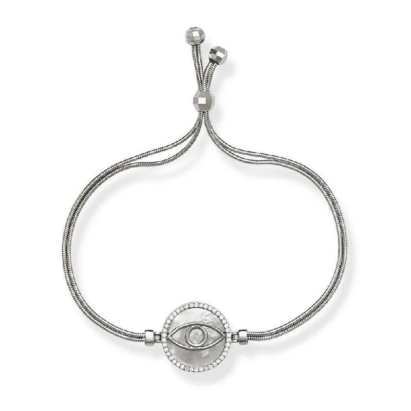 Silver Snake Chain White MOP with Center CZ Evil Eye Bracelet