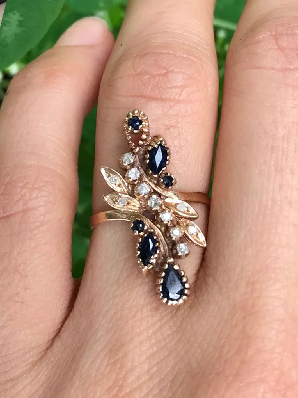 14K Antique Sapphire & Diamond Scroll Ring