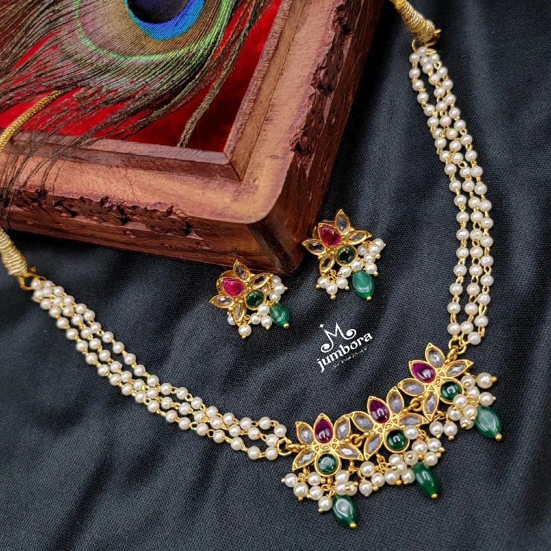 Triple row Pearl Lotus Kemp Necklace set