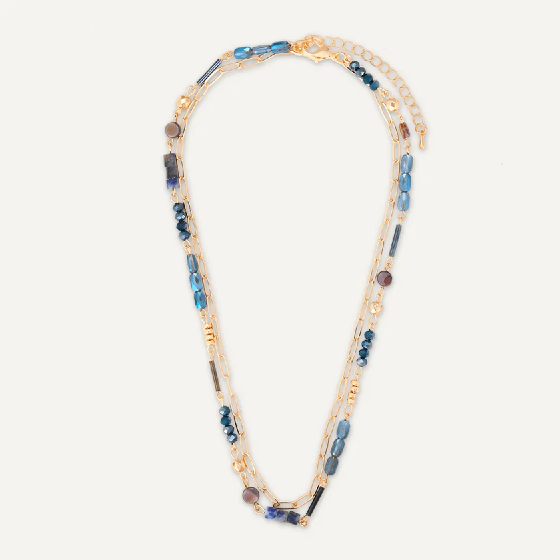 Blue Semi-Precious Stone Short Multi-Row Necklace In Gold-Tone