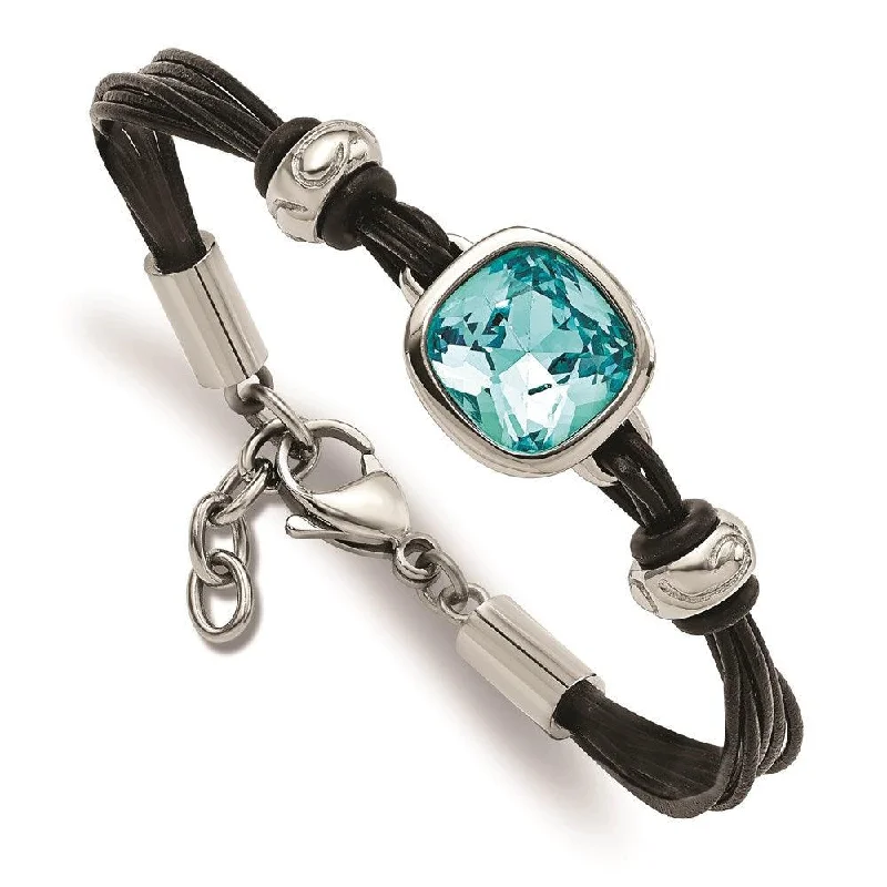 Stainless Steel Polished Blue Glass Leather with 1in ext. Bracelet