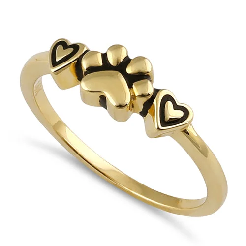 Solid 14K Gold Pet Love Paw & Hearts Ring