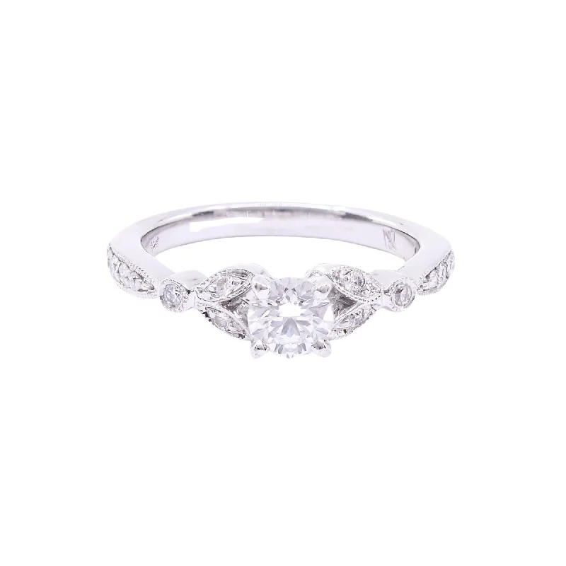 ESTATE 14K WHITE GOLD 0.43CT ROUND BRILLIANT DIAMOND ENGAGEMENT RING WITH FLORAL ACCENTS