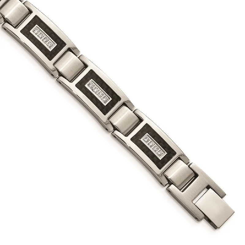 Stainless Steel Brushed & Polished w/CZ Black Carbon Fiber Inlay Bracelet