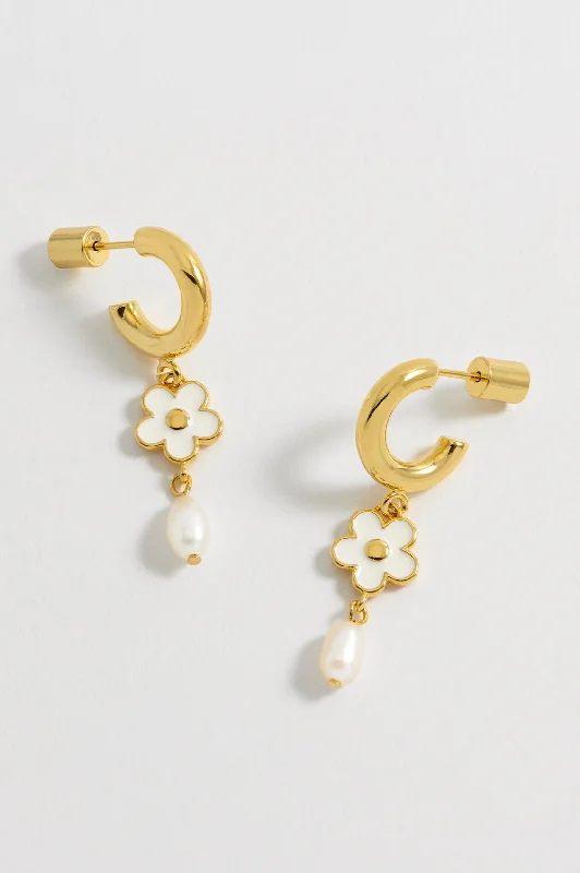 Enamel Flower Pearl Drop Hoops