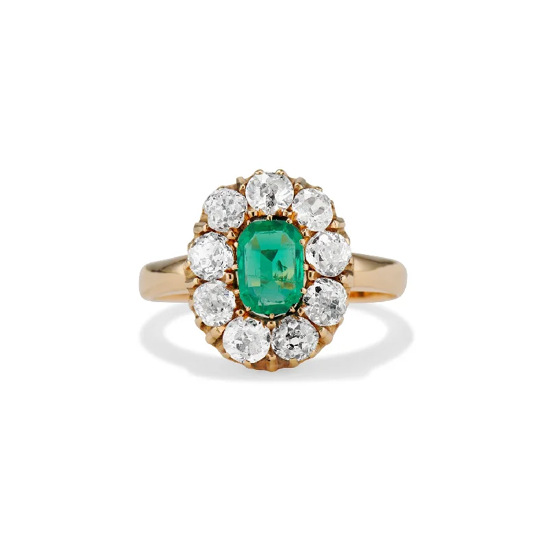 Victorian Emerald and Old Mine Cut Diamond Cluster Ring