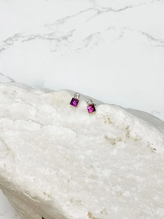 Petite Square Jewel Stud Earrings - Purple