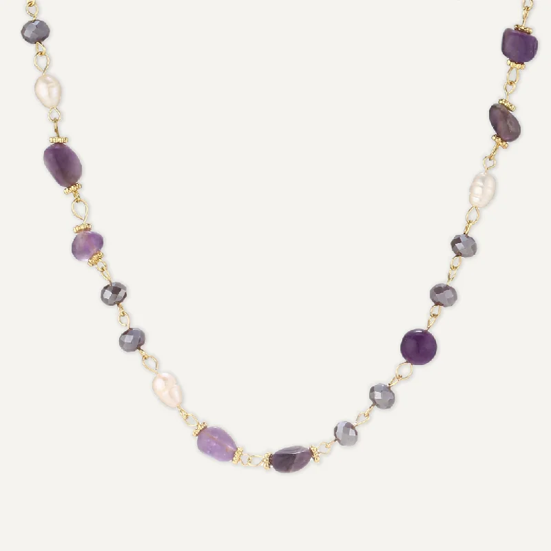 Purple Semi-Precious Stone, Crystal & Fresh Water Pearls Short Necklace In Gold-Tone