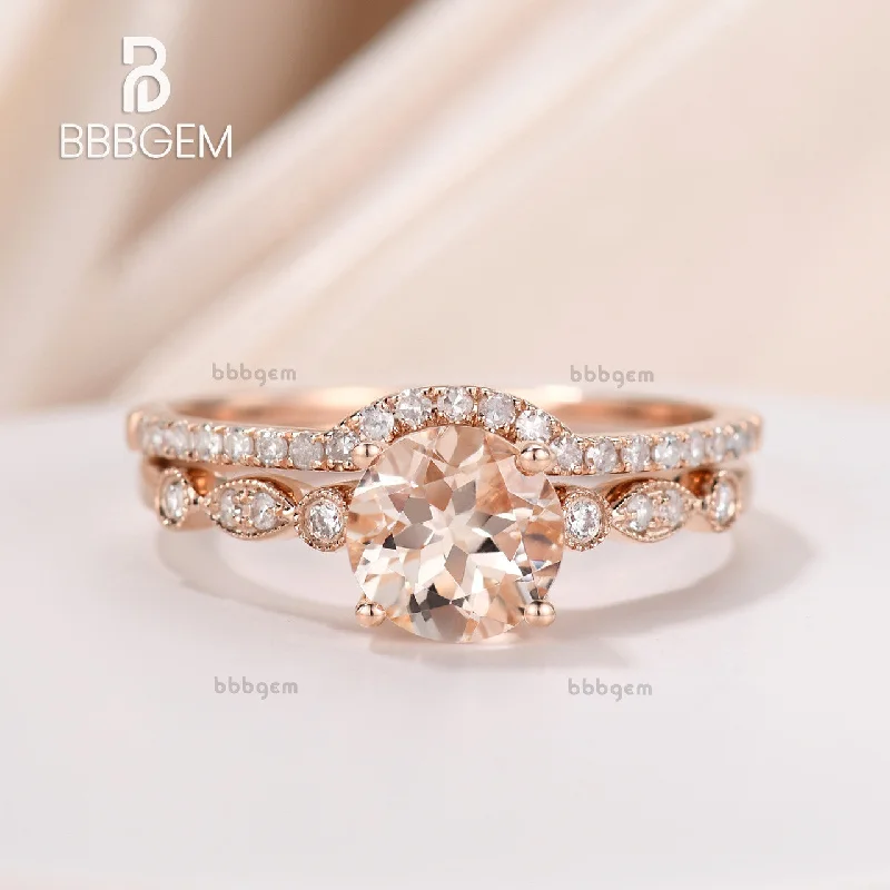 1 Carat Morganite Rose Gold Wedding Set Diamond Bridal Ring Art Deco Halo Stacking Matching Band