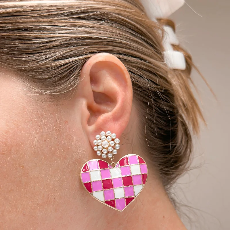 Valentine's Gingham Heart Pearl Cluster Drop Earrings