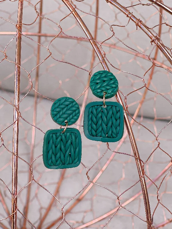 Layered Knit Clay Dangle Earrings - Green