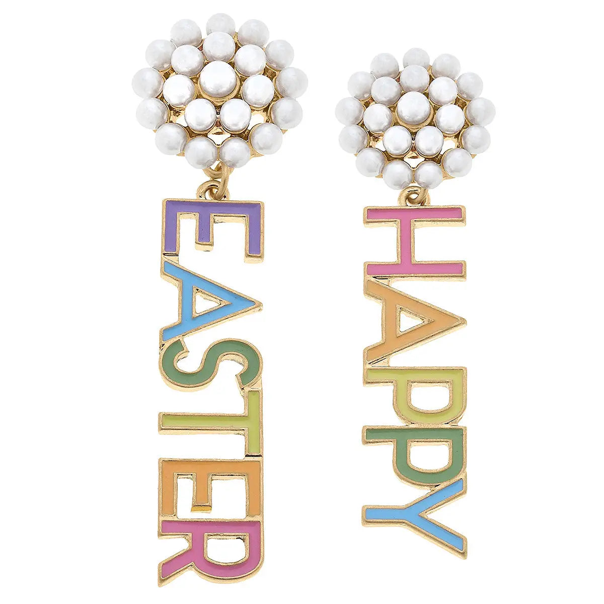 Rainbow 'Happy Easter' Pearl Cluster Drop Earrings