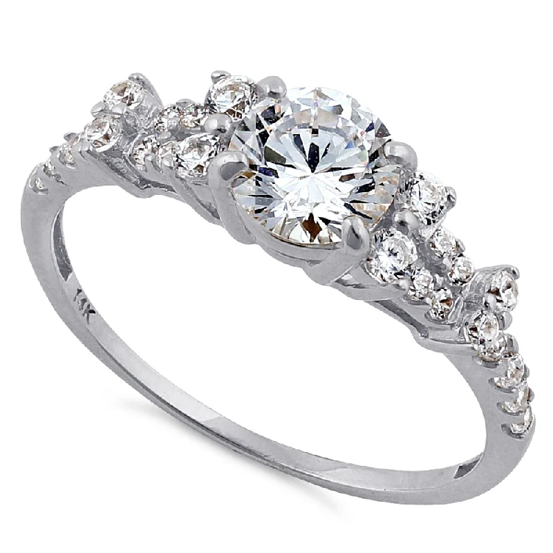 Solid 14K White Gold Engagement Round Clear CZ Ring