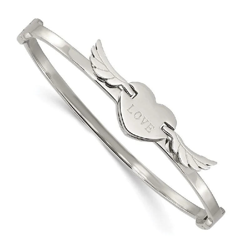 Stainless Steel Polished/Moveable Heart w/Wings Love Bracelet