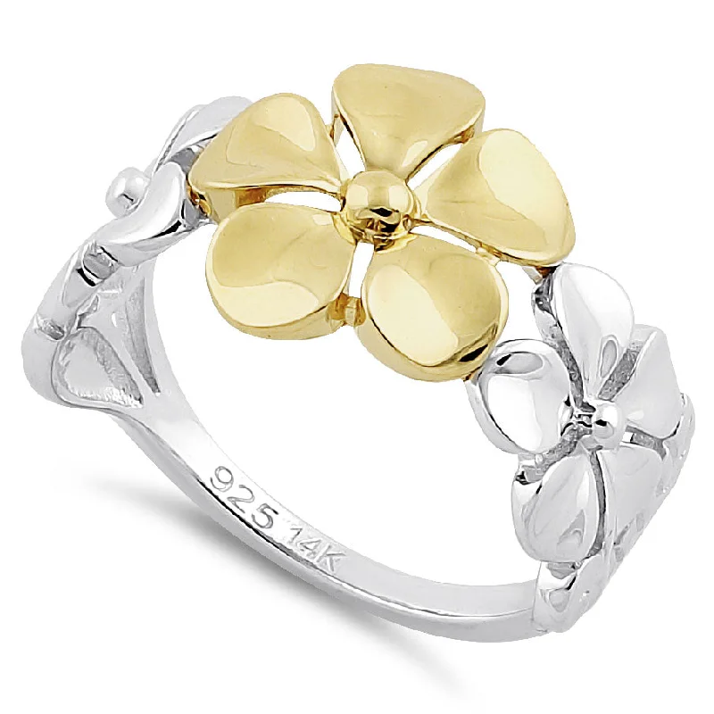 Solid 14K Yellow Gold & Sterling Silver Triple Plumeria Ring