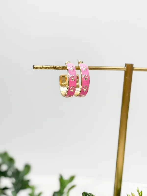 Paw Pattern Enamel Hoop Earrings - Pink & Gold