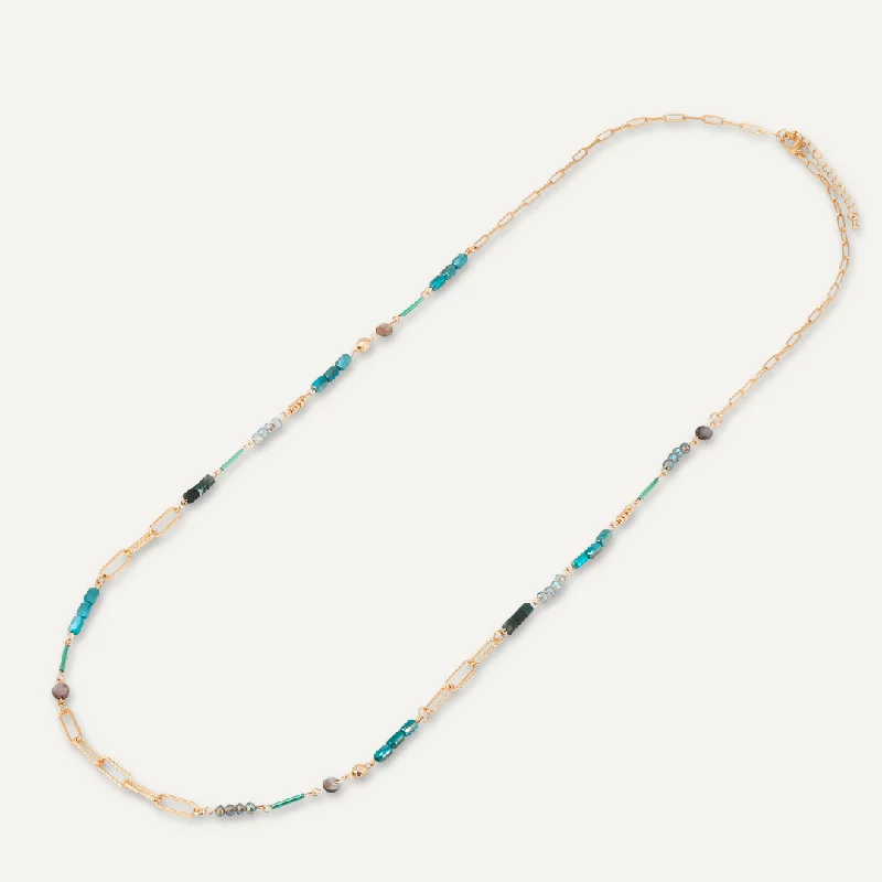 Green Semi-Precious Stone Long Necklace In Gold-Tone