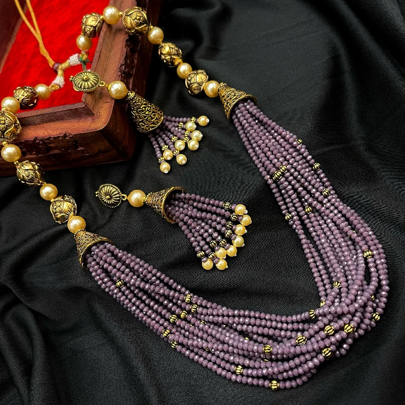 Handmade Purple Crystal & Pearl Beads Mala Necklace