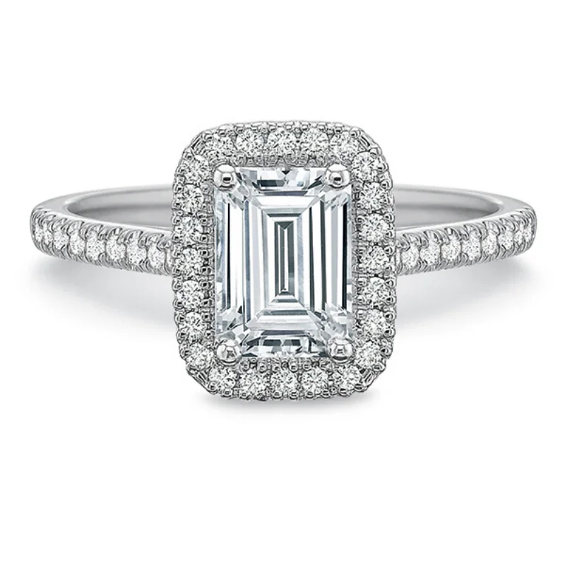 18K White Gold NEW AIRE PETITE EMERALD-CUT Diamond HALO Engagement Ring MOUNTING 0.23CTW (Setting Only)