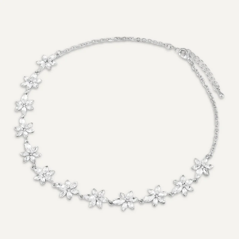 Floral Crystal Clasp Necklace In Silver Tone