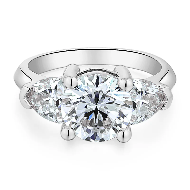 Three stone ring with 4.15 carats* of diamond simulants in 10 carat white gold