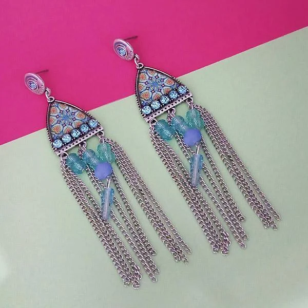 Urthn Blue Meenakari Stone Chain Drop Tassel Earrings - 1311826A