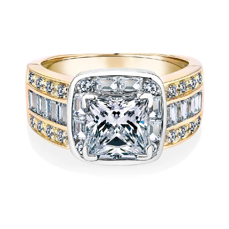 Dress ring with 3.6 carats* of diamond simulants in 10 carat yellow and white gold