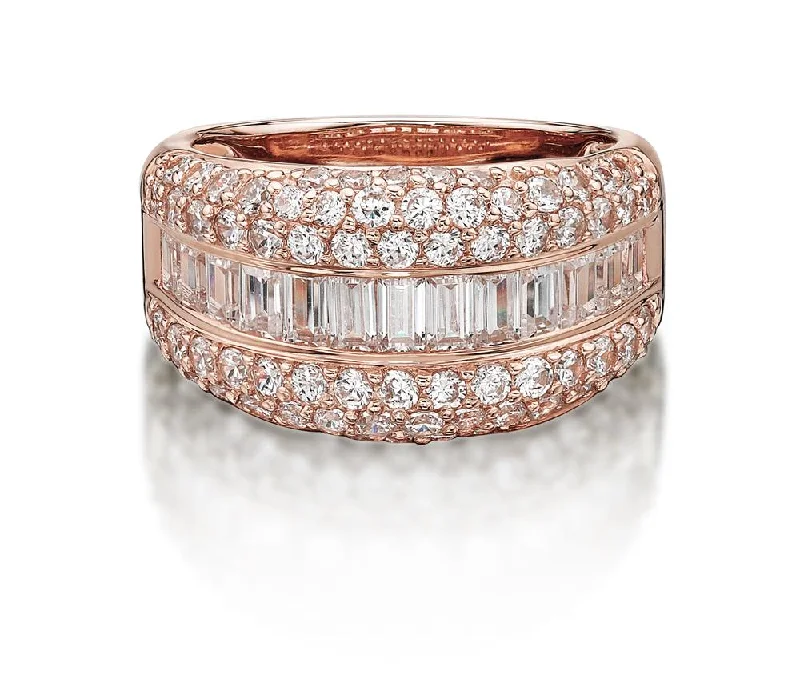 Round Brilliant and Baguette Dress ring with 2.65 carats* of diamond simulants in 10 carat rose gold