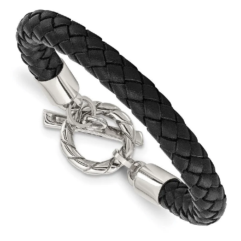 Stainless Steel Leather Polished Toggle Bracelet