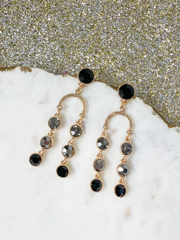 Gold & Glass Bead Arch Dangle Earrings - Black