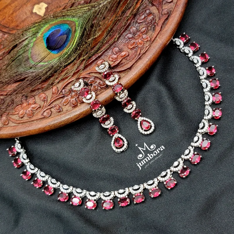 Burgundy Red & White AD Zircon Contemporary Victorian Necklace Set