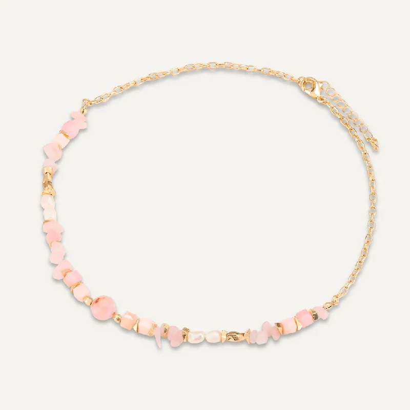 Pink Semi-Precious Stone, Crystal, & Fresh Water Pearl Short Necklace In Gold-Tone