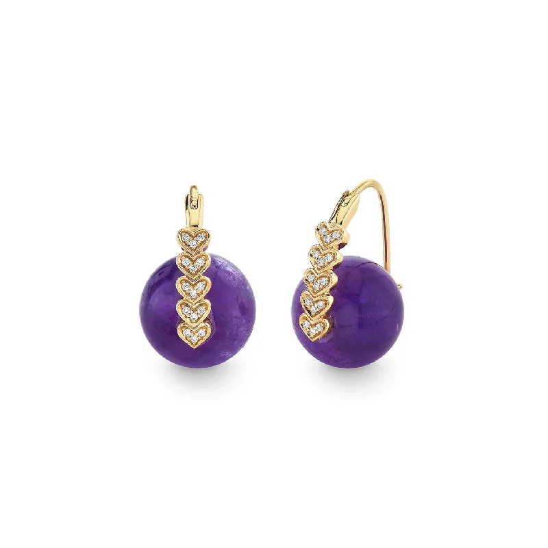 Gold & Diamond Heart Amethyst Earrings