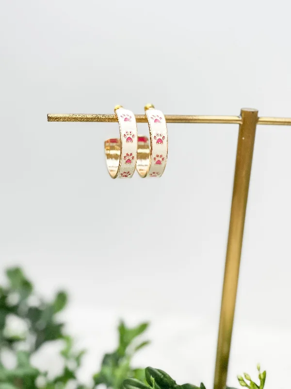 Paw Pattern Enamel Hoop Earrings - Ivory & Pink Paw