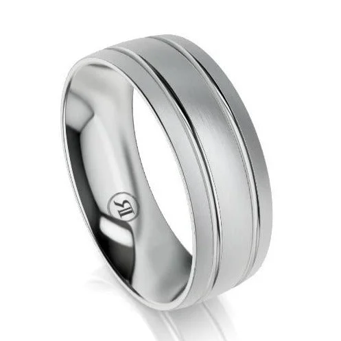 The Lexington White Gold Dual Grooved Round Mens Wedding Ring