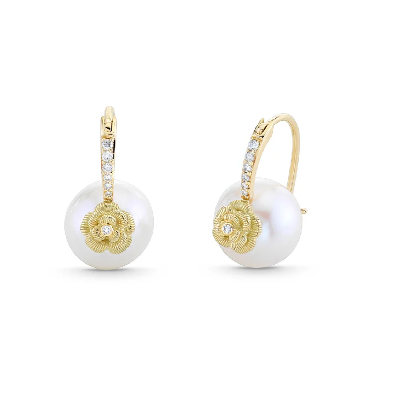 Gold & Diamond Rose Pearl Earrings