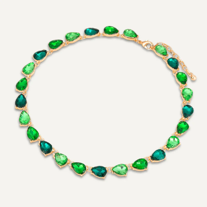 Teardrop Green Jewel Collar Necklace In Gold-Tone