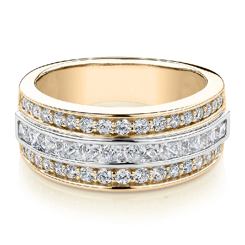 Princess Cut and Round Brilliant Dress ring with 1.62 carats* of diamond simulants in 10 carat yellow and white gold